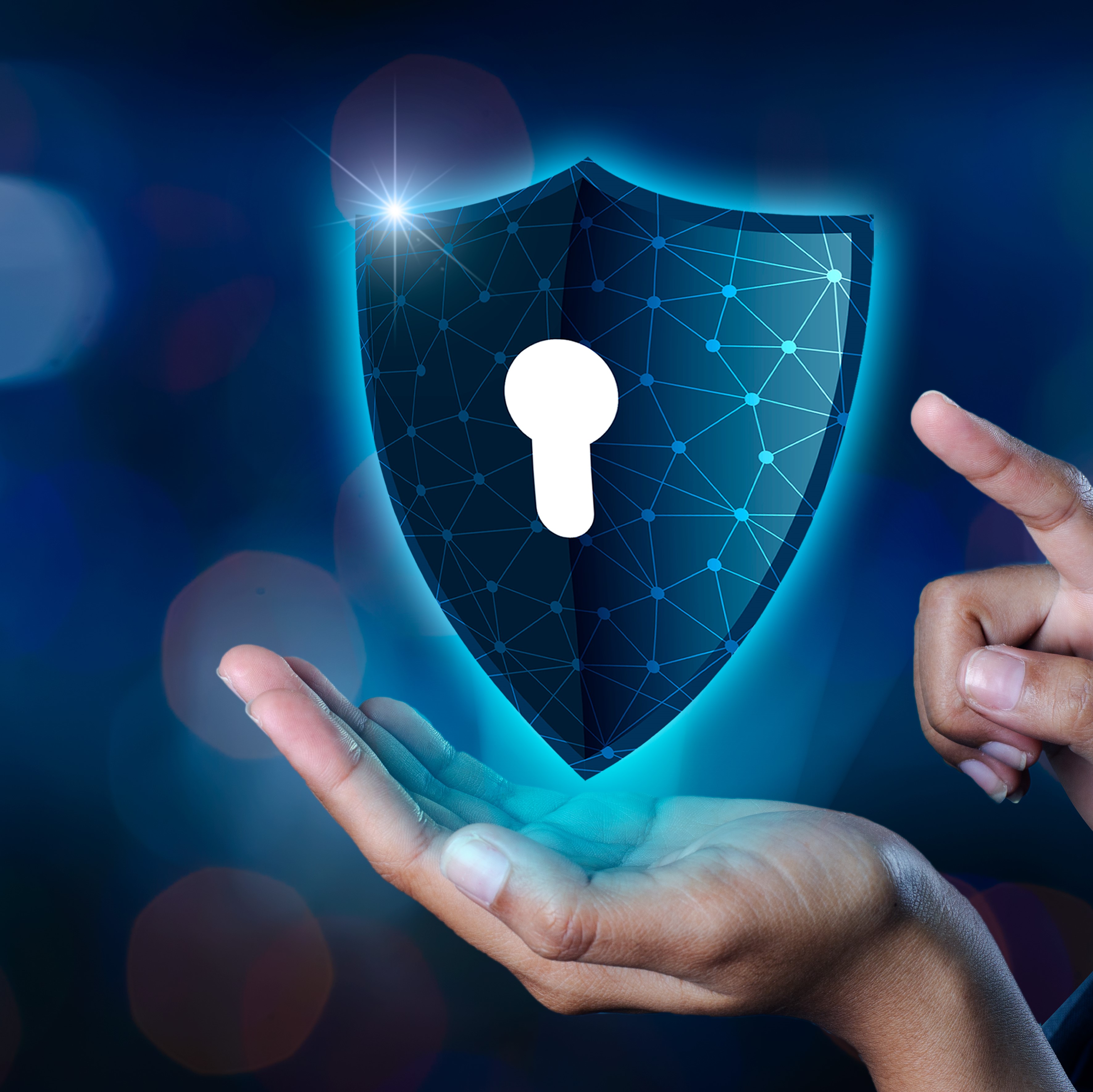 Earth polygon mesh planet World Businessmen shake hands to protect information in cyberspace. Businessman holding shield protect icon protection network security computer and safe your data concept